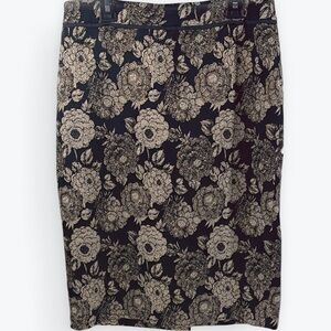 Ann Taylor Metallic Gold Rose Floral Chic Black Pencil Skirt Size 4
